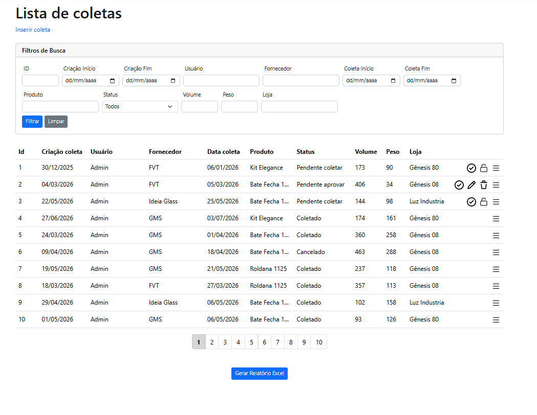 Lista de coletas com filtros e exportação